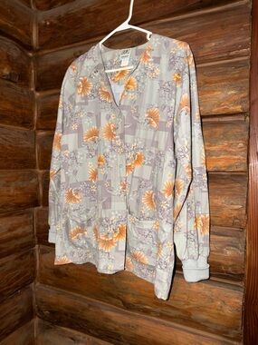 Women Floral Button-Up Scrub Jacket - Light Gray & Orange- UA Scrubs